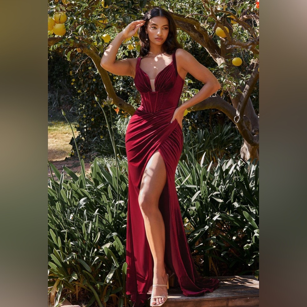 Cinderella Burgundy Velvet Off Shoulder Long mermaid gown with daring slit.